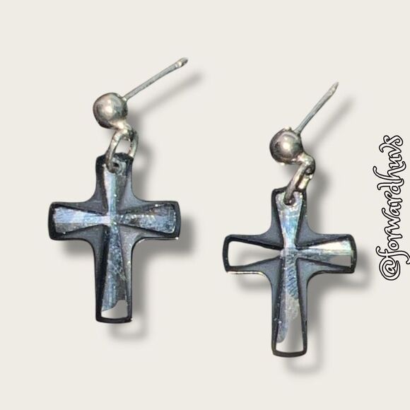 Cross-Shaped Glass Design Stud Dangle Earrings - Picture 5 of 8